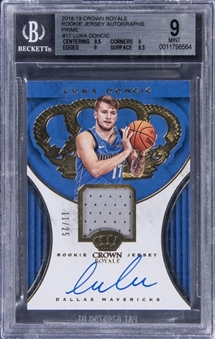 2018/19 Panini Crown Royale "Rookie Jersey Autographs" Prime #RJA-LDC Luka Doncic Signed Patch Rookie Card (#11/25) - BGS MINT 9/BGS 10